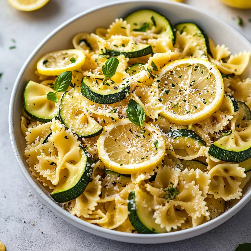 A bowl of pasta with lemon slices and zucchini.