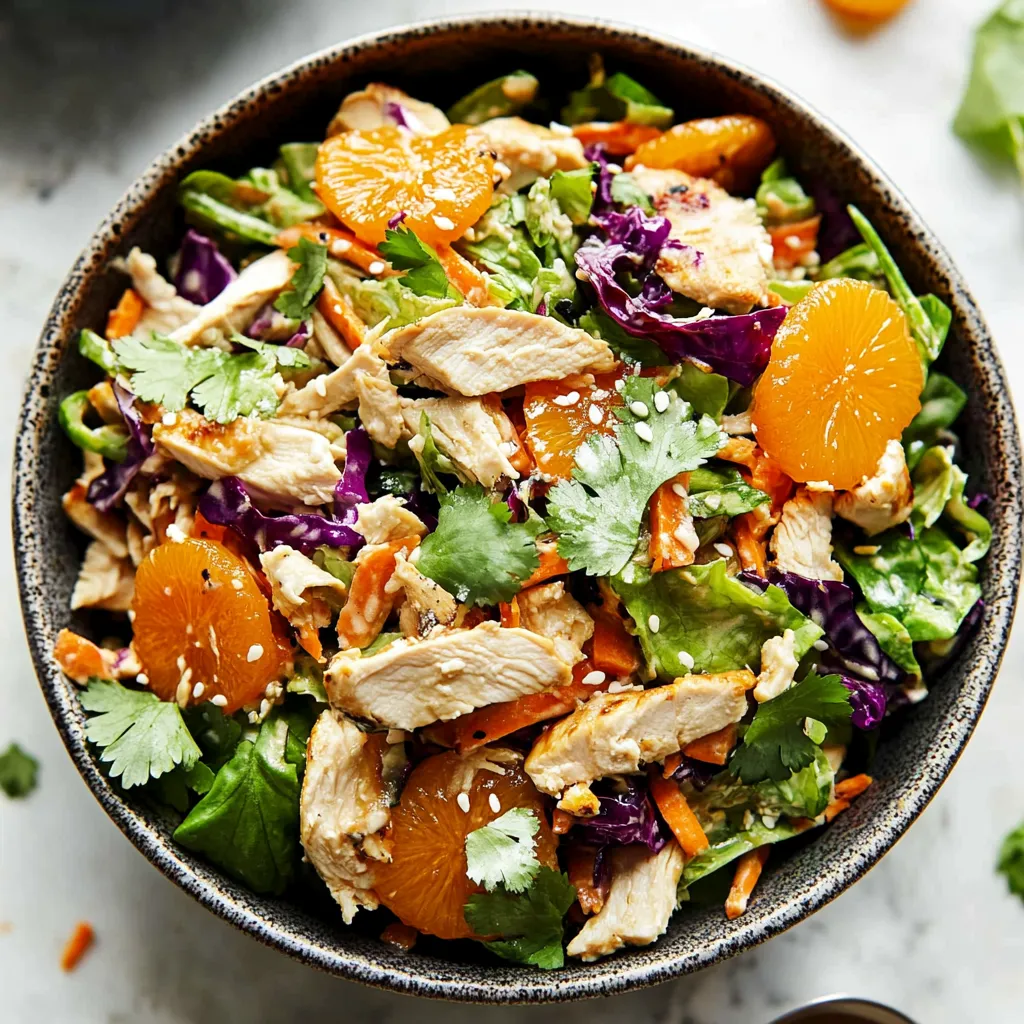 A bowl of chicken salad with orange slices.