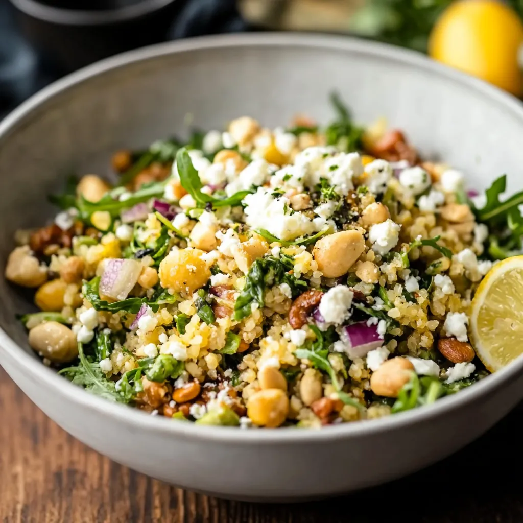 A bowl of food with a lemon wedge on top.
