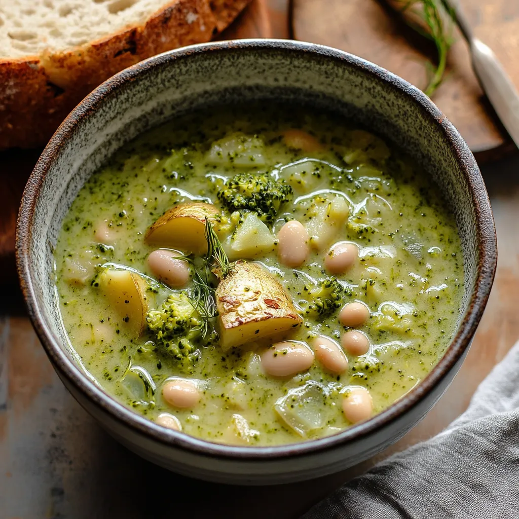 A bowl of soup with broccoli and beans.