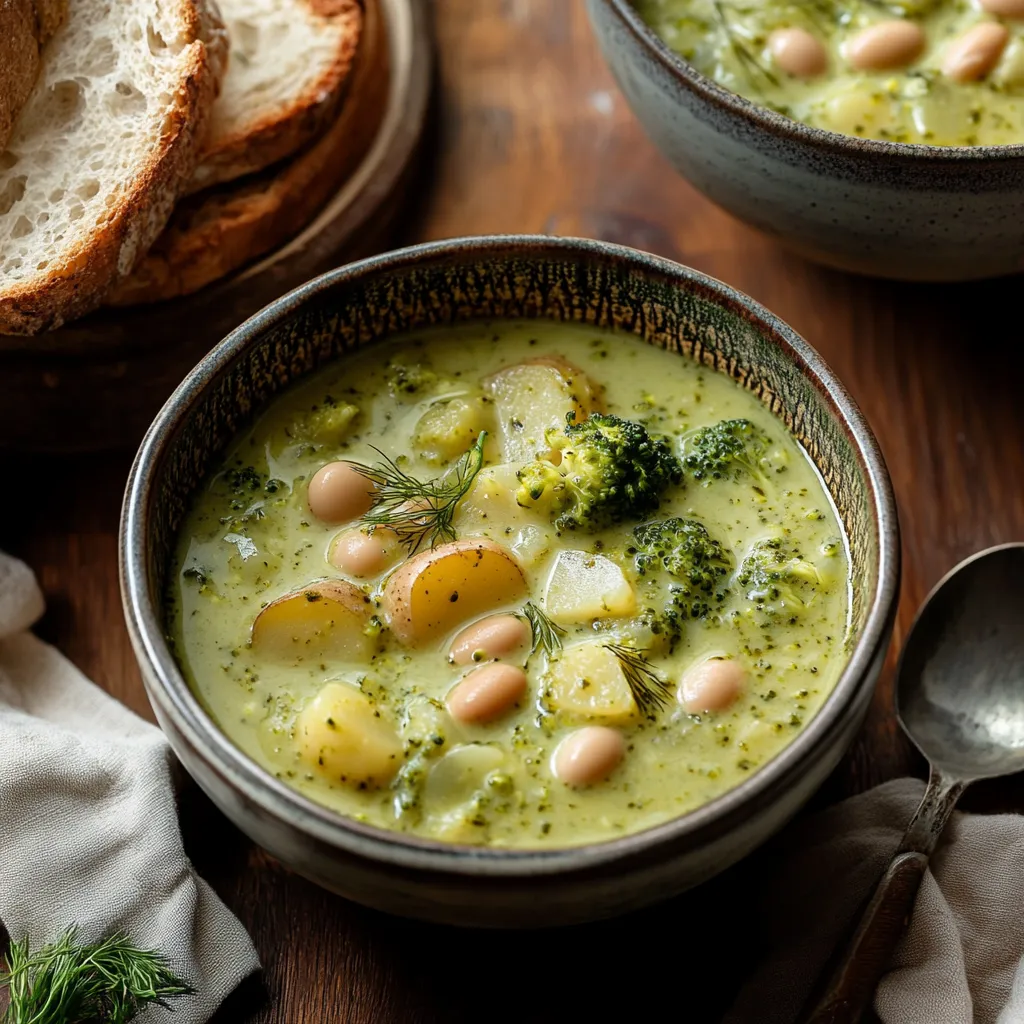 A bowl of soup with broccoli and beans.