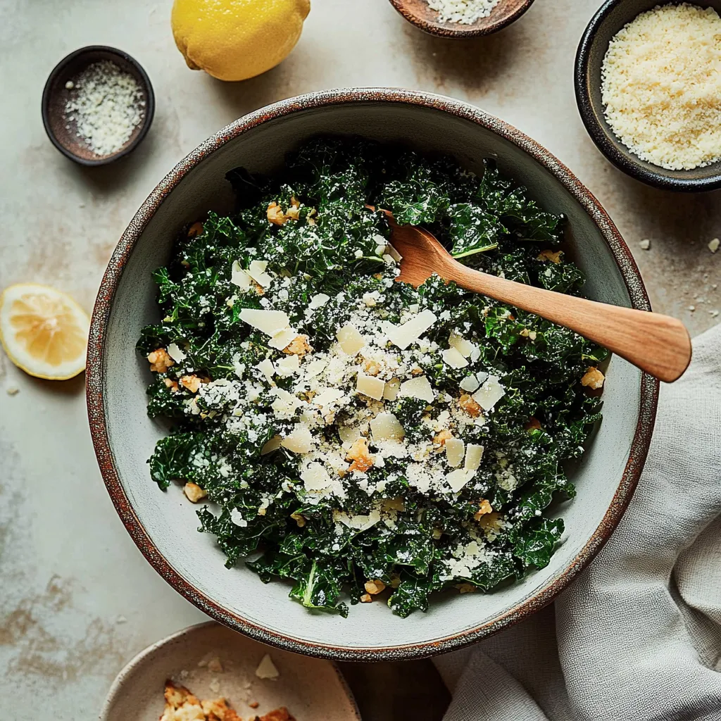 A bowl of greens with cheese and lemon.