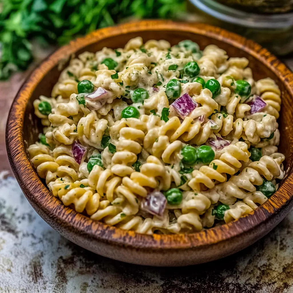 A bowl of pasta with peas and onions.