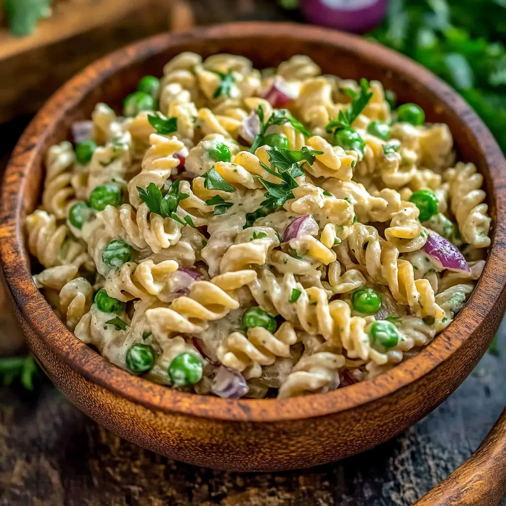 A bowl of pasta with peas and onions.