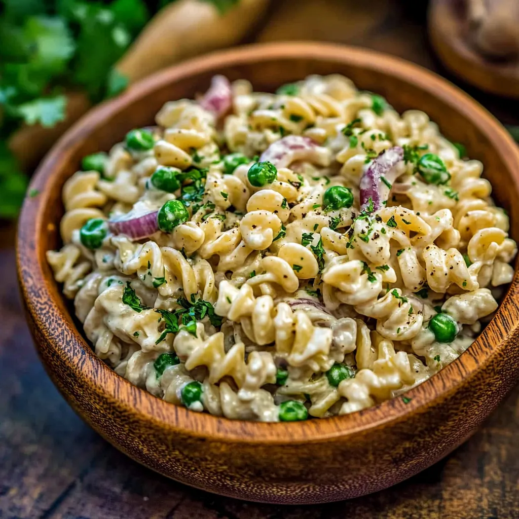 A bowl of pasta with peas and onions.