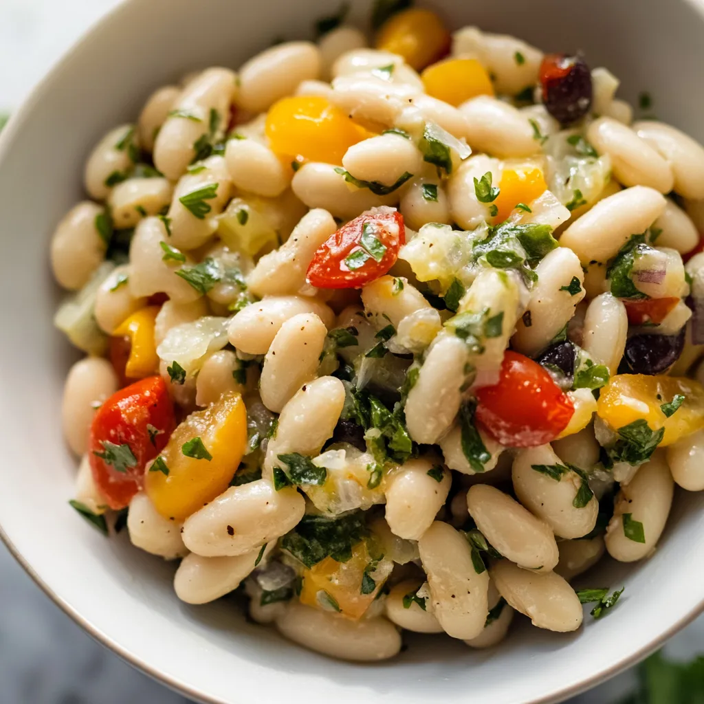 A bowl of food with tomatoes, beans, and herbs.