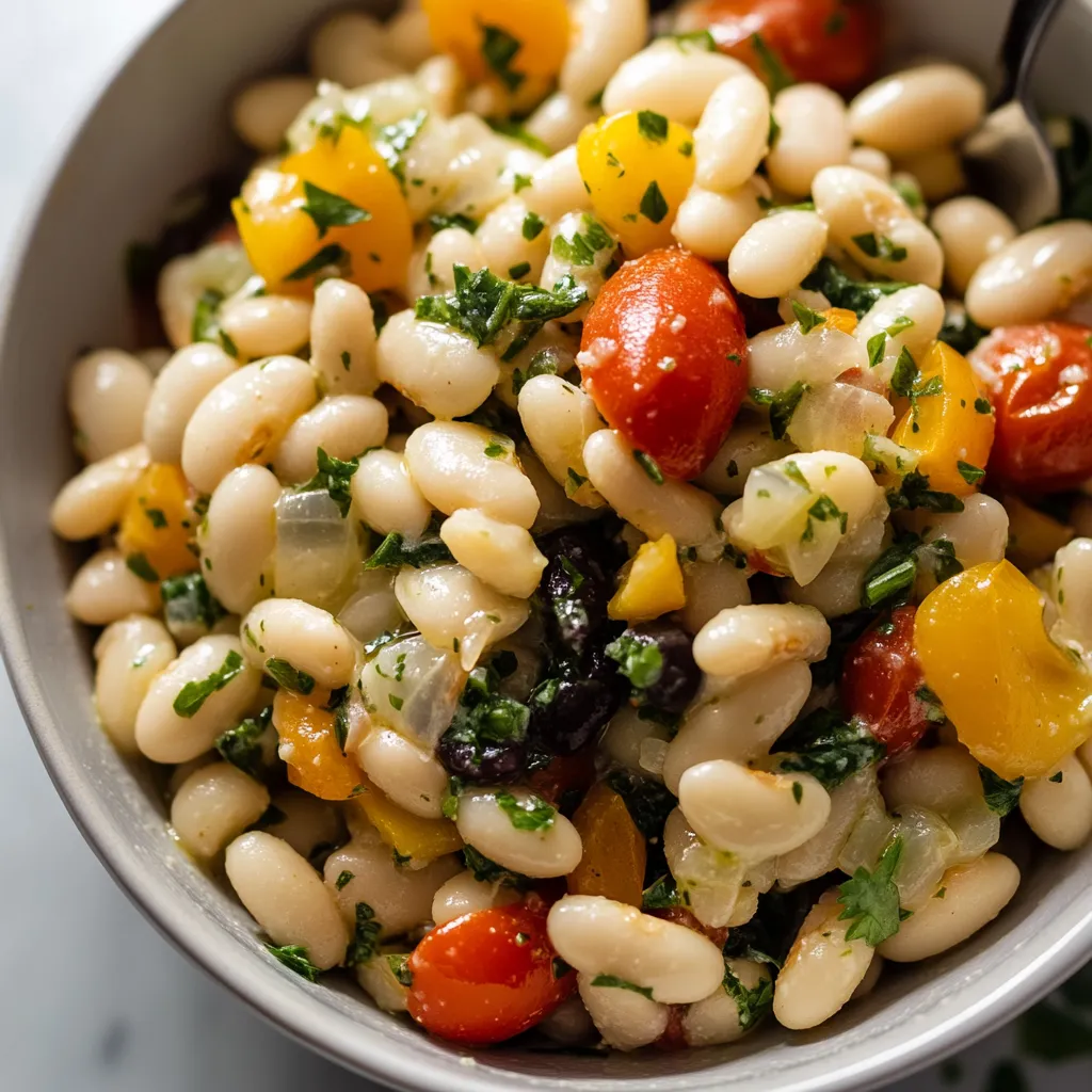 A bowl of food with tomatoes, beans, and herbs.