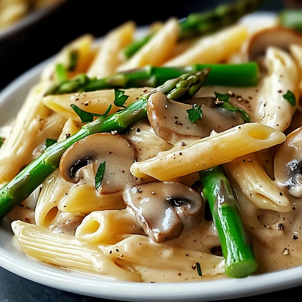 A plate of pasta with mushrooms and asparagus.