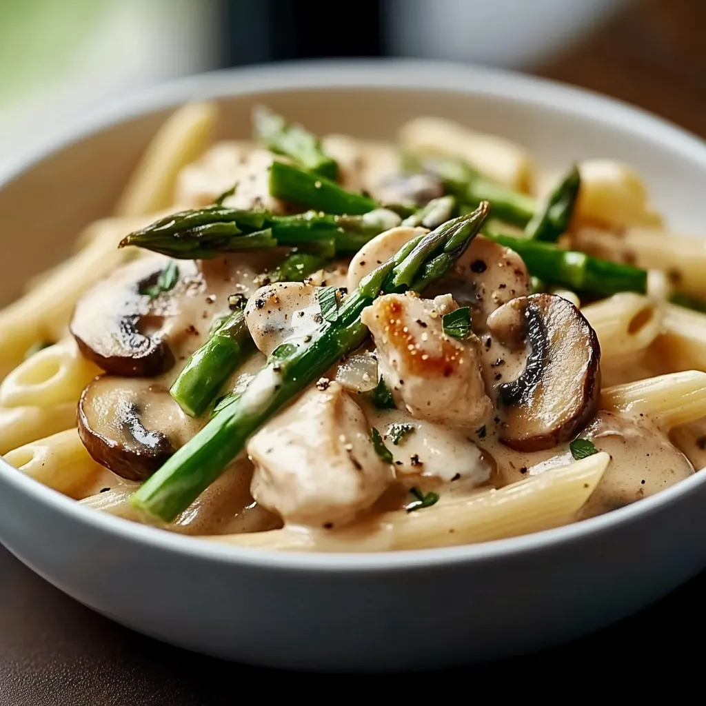 A bowl of pasta with mushrooms and asparagus.