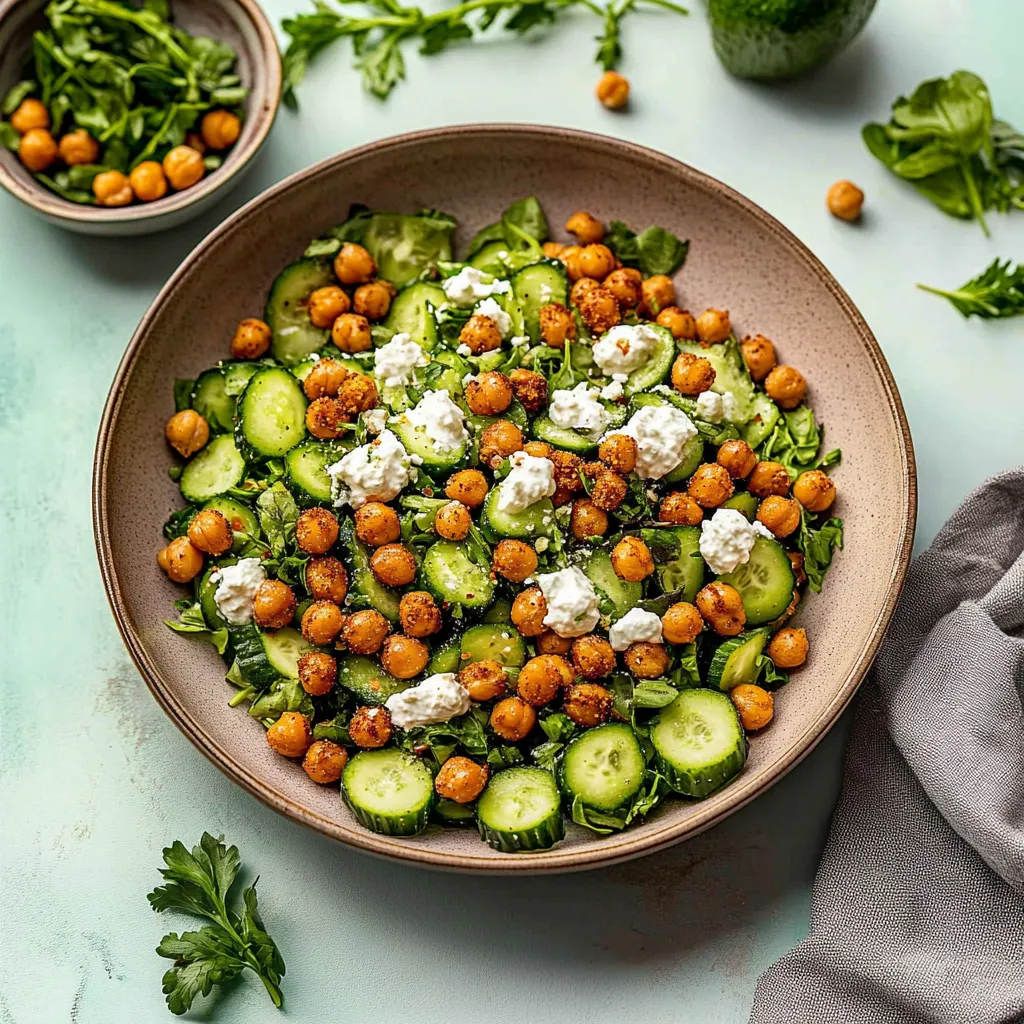 A bowl of vegetables with cucumbers and chickpeas.