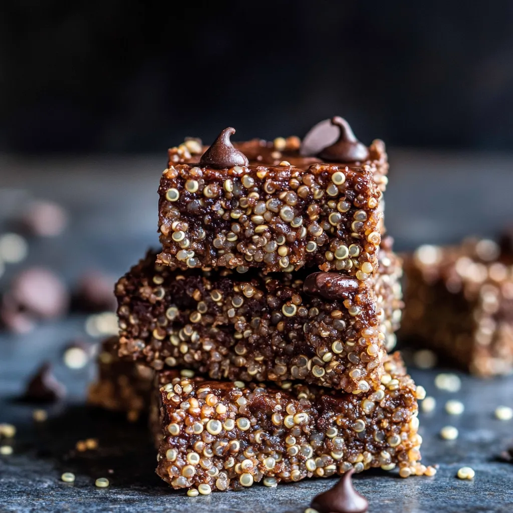 A stack of brownies with chocolate chips.