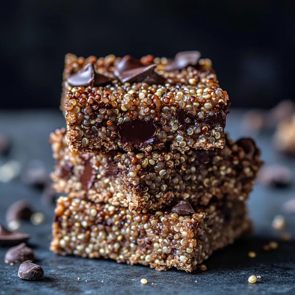 A close up of a square of chocolate cake with chocolate chips.