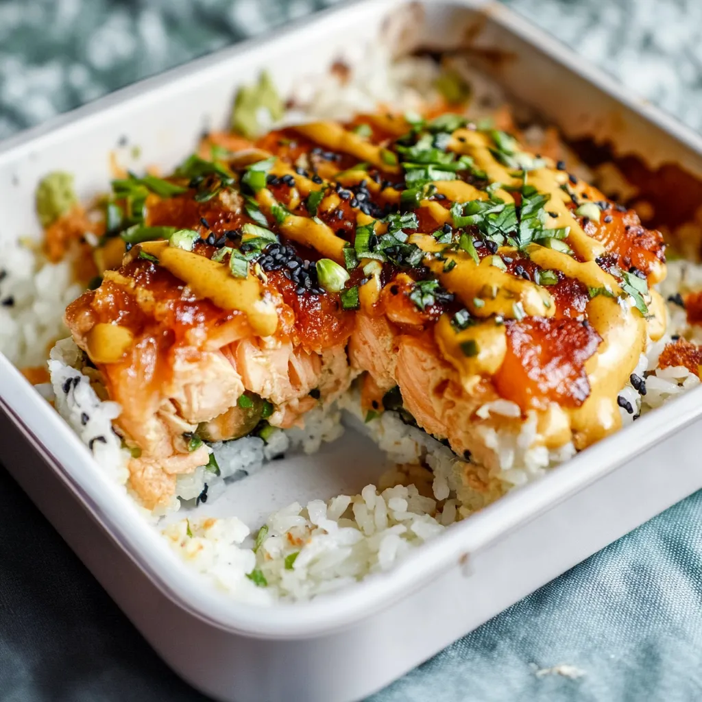 A white bowl with rice and fish.