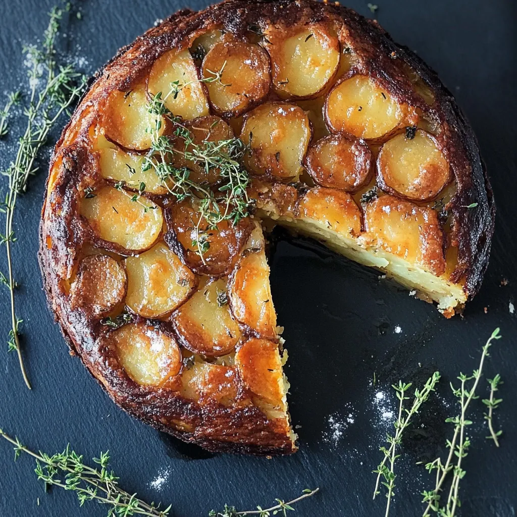 A slice of potato cake with herbs on top.