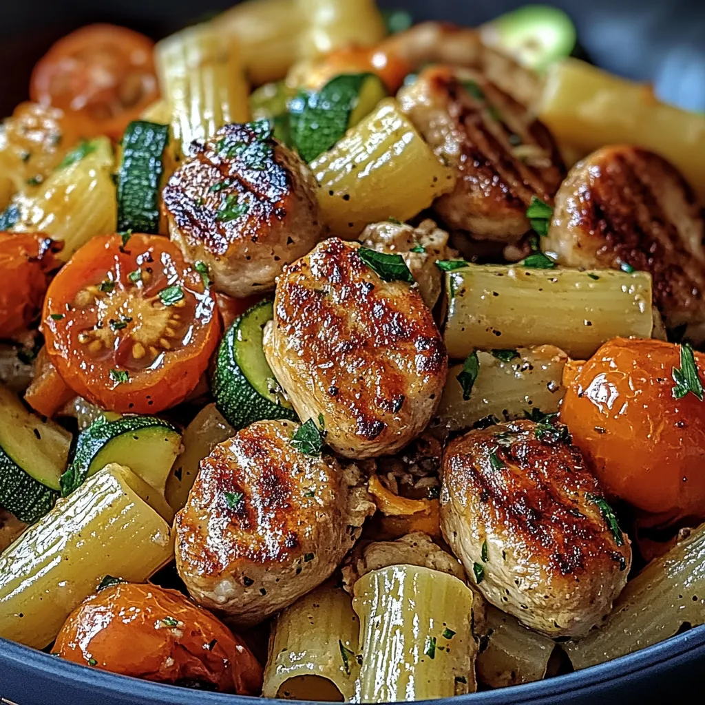 A bowl of pasta with meatballs and vegetables.