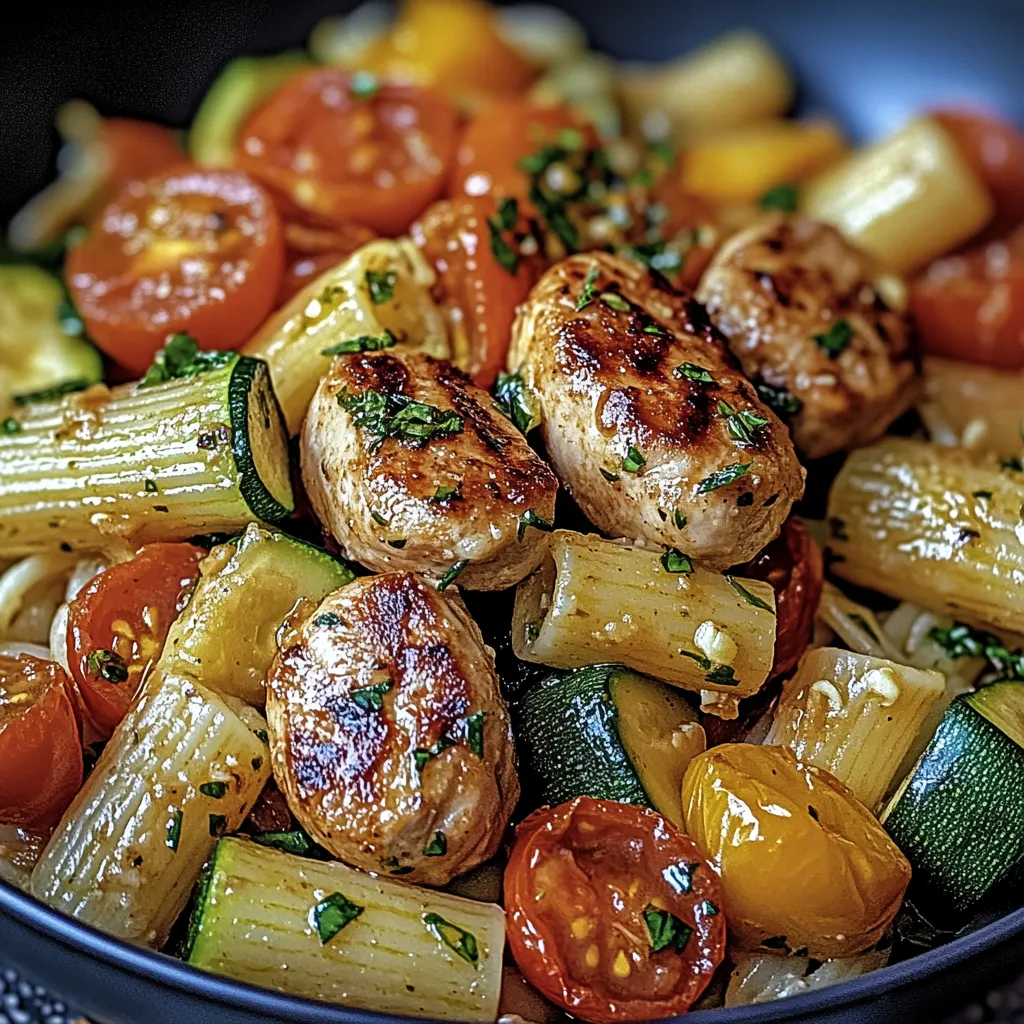 A bowl of food with tomatoes, zucchini, and chicken.