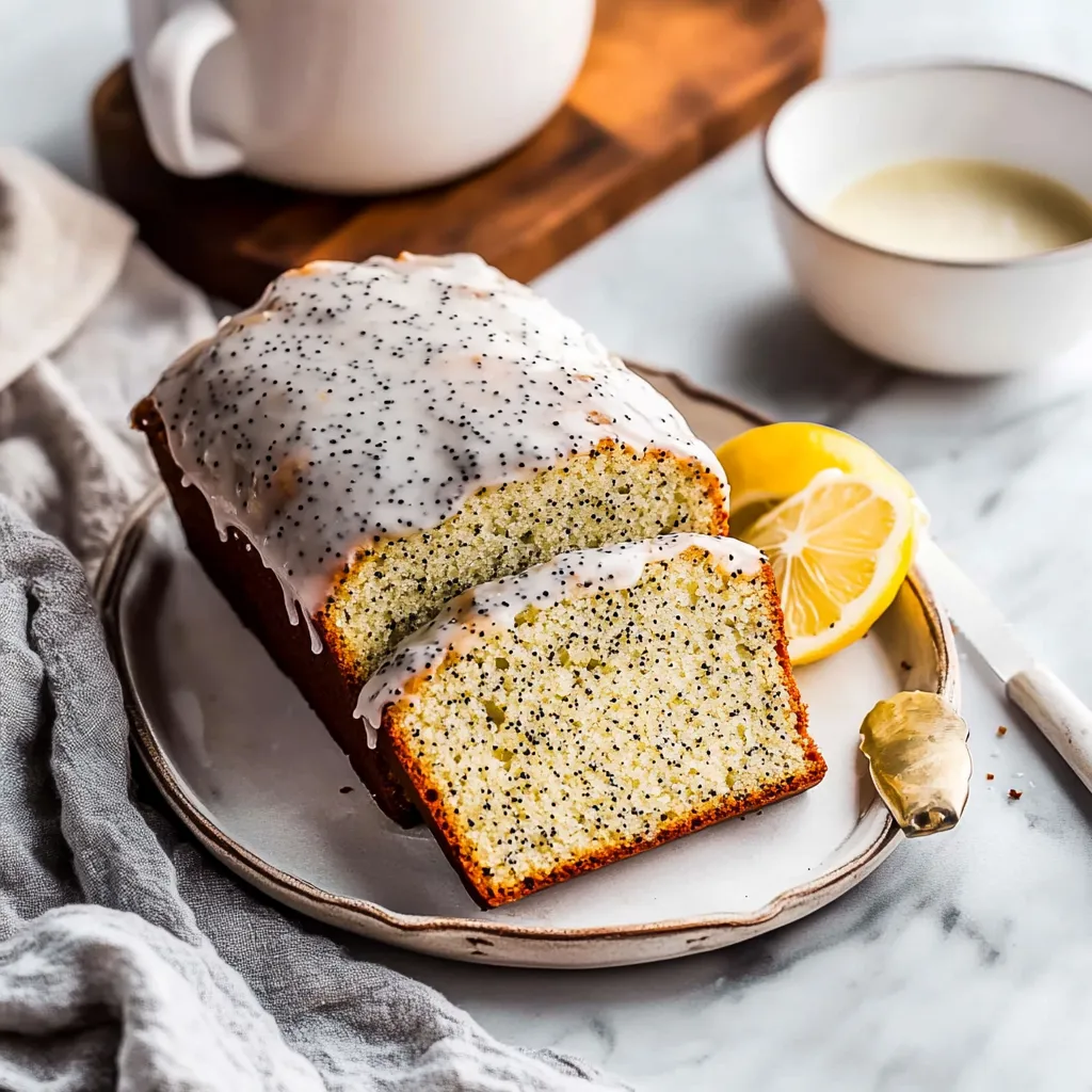 A slice of cake with lemon and powdered sugar.