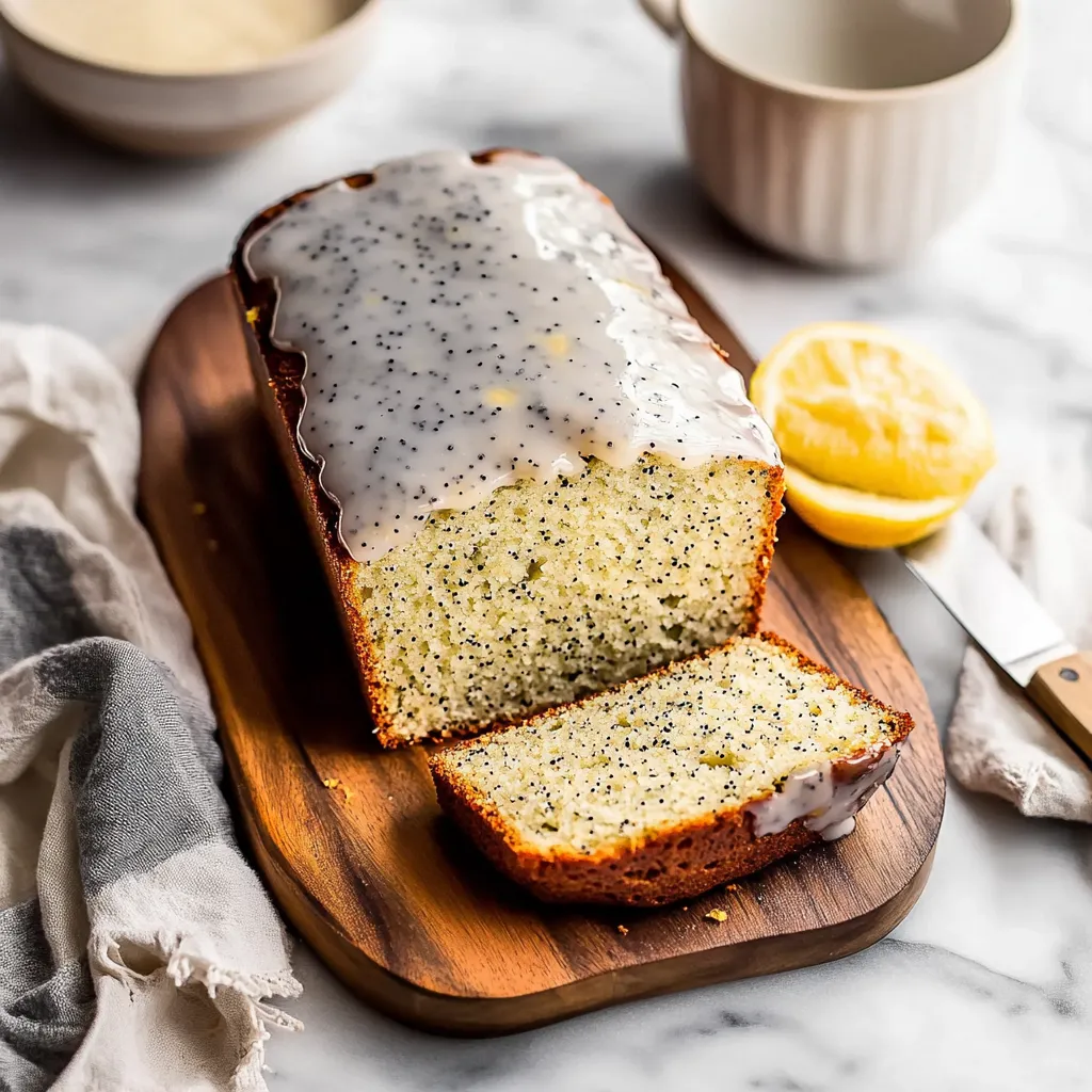 A loaf of bread with lemon and poppy seeds on a wooden cutting board.