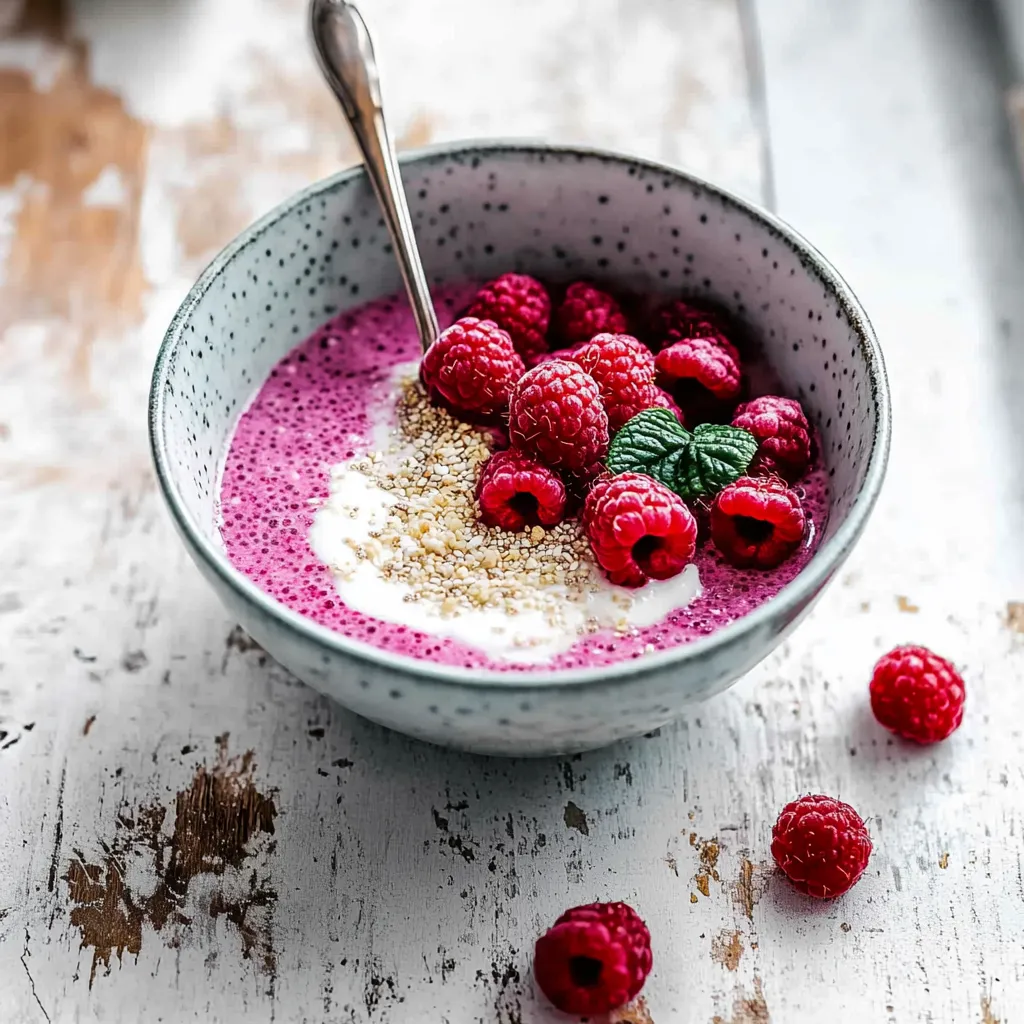 A bowl of raspberries with yogurt.