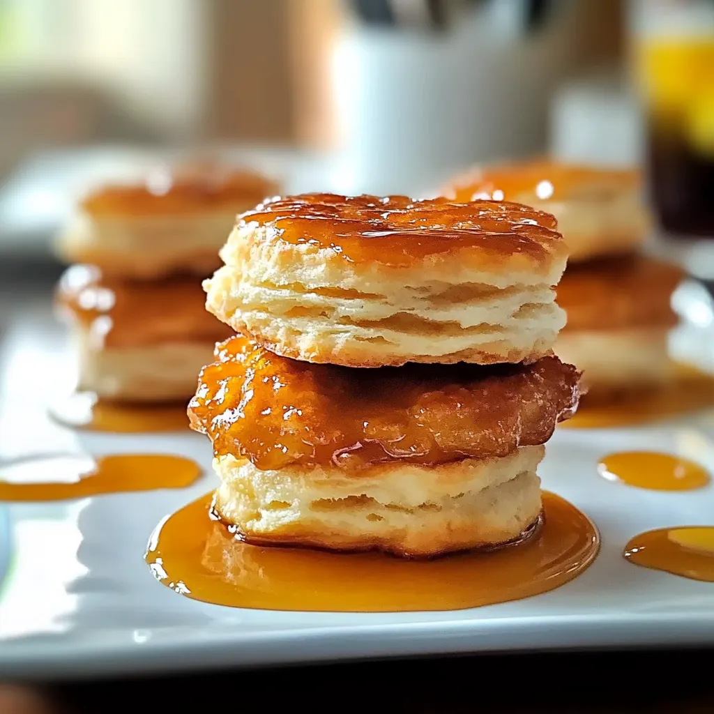 A stack of three biscuits with syrup on top.
