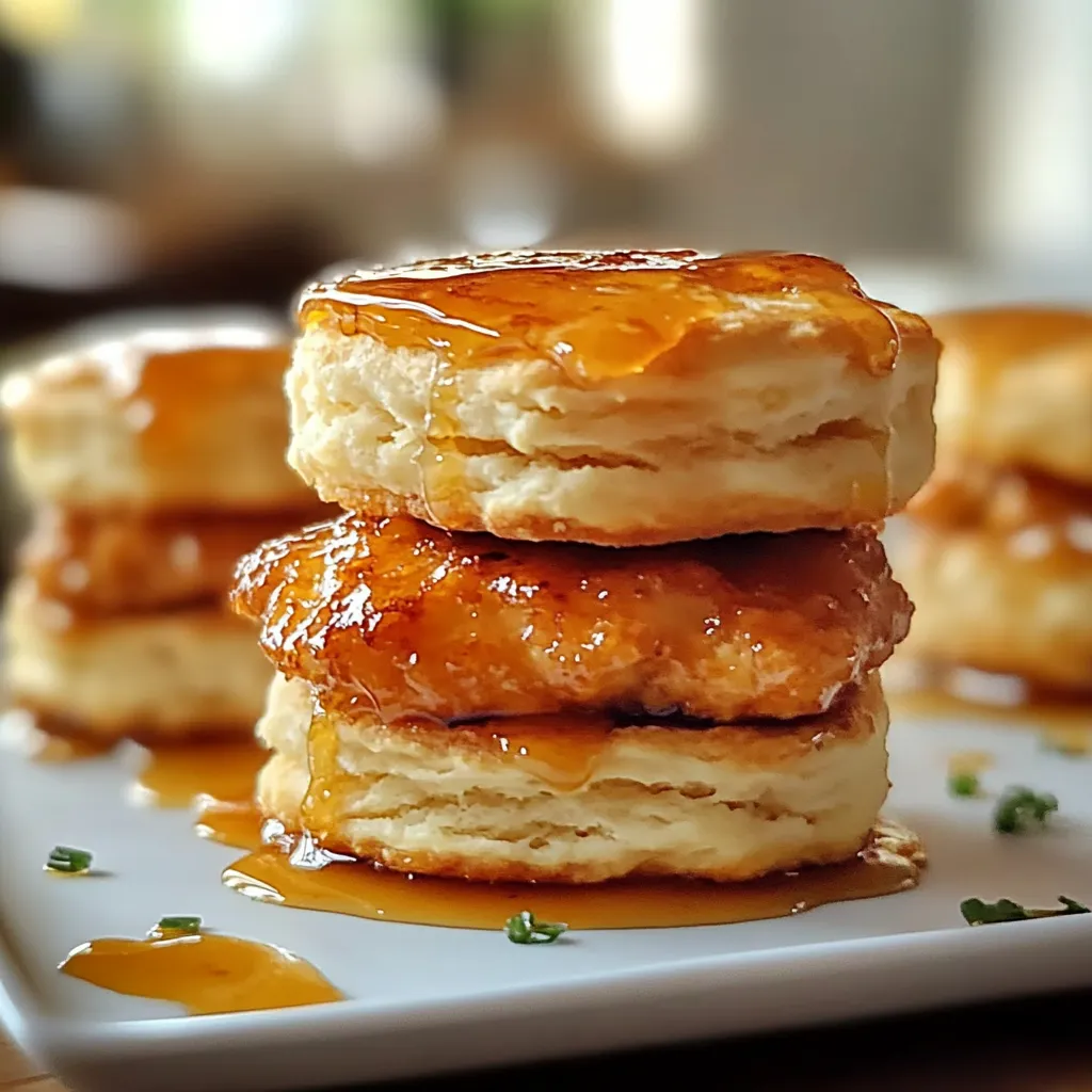 Stack of biscuits with syrup on a plate.