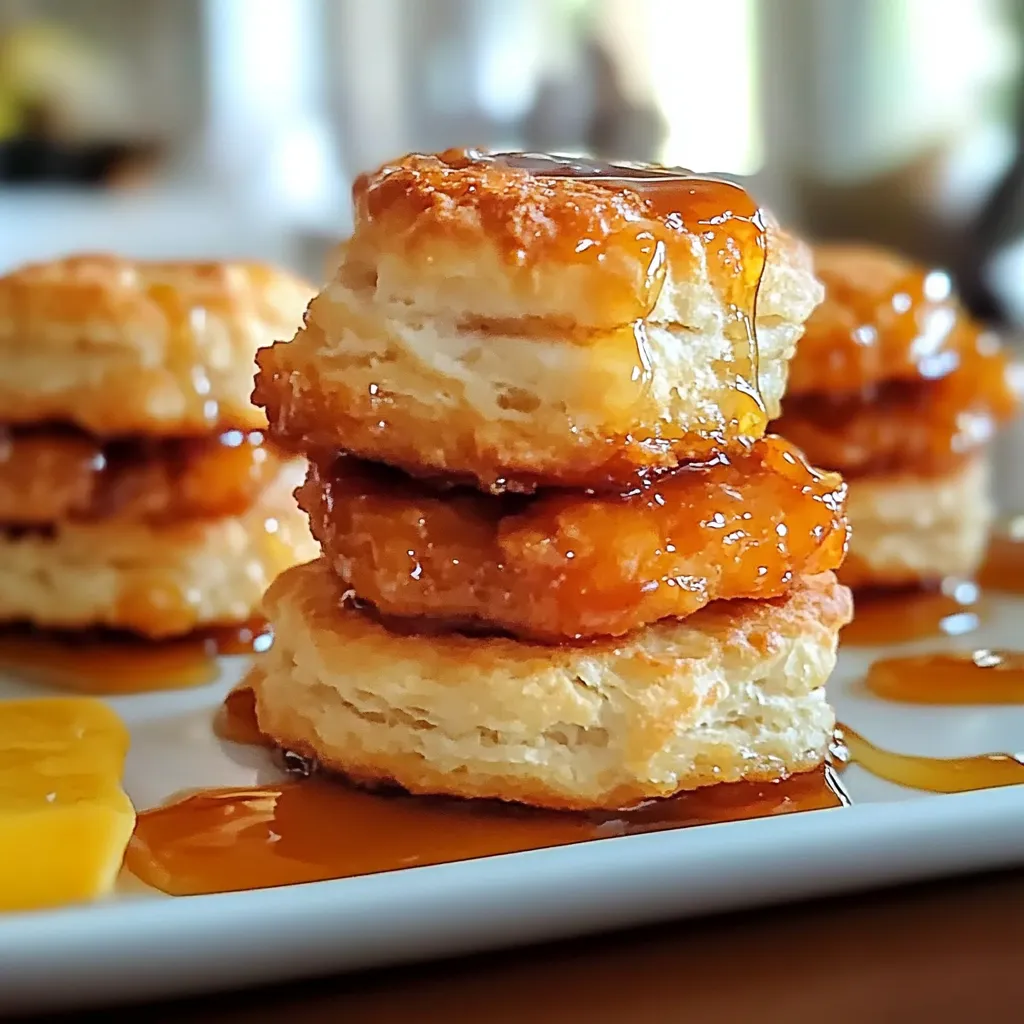 A stack of biscuits with syrup on top.