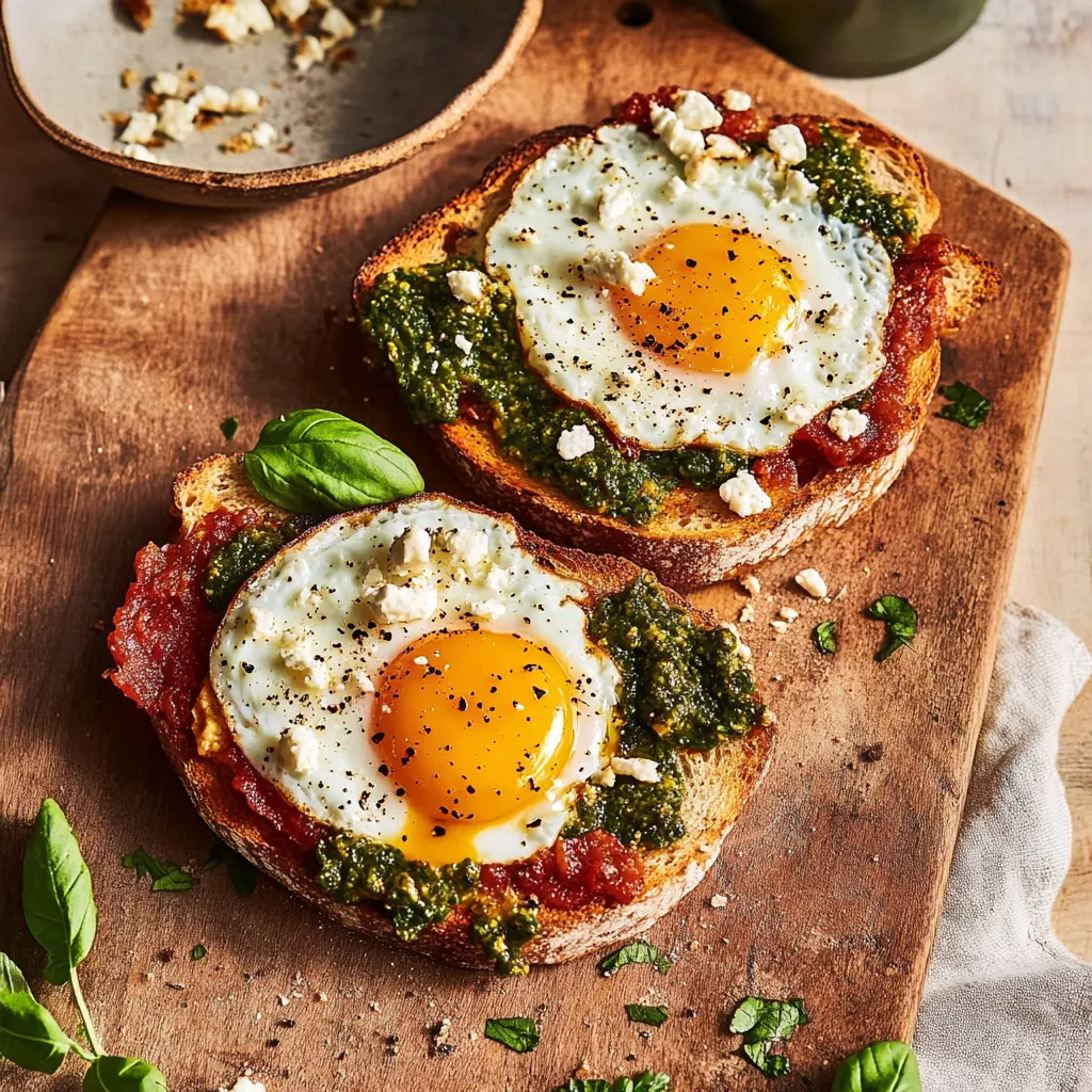 Two pieces of toast with eggs and spinach.