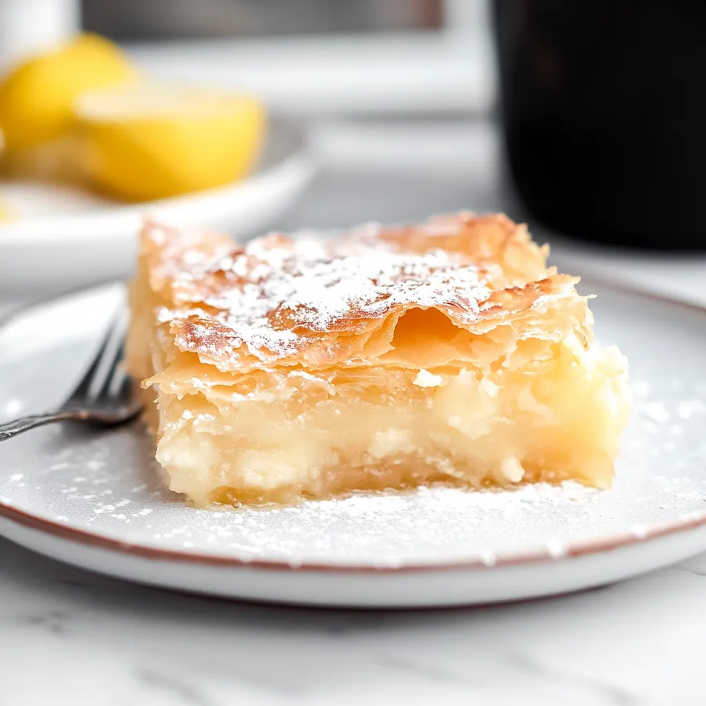 A slice of pie with powdered sugar on top.