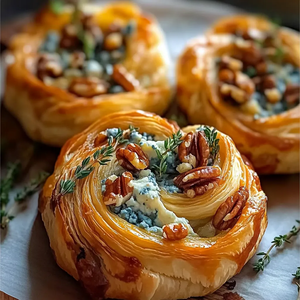 Three pastry rolls with blue cheese and nuts.