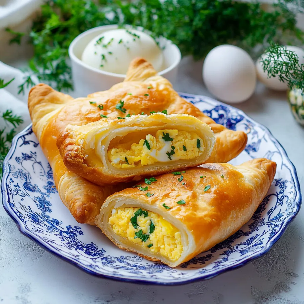 Two egg rolls with eggs and herbs on a plate.