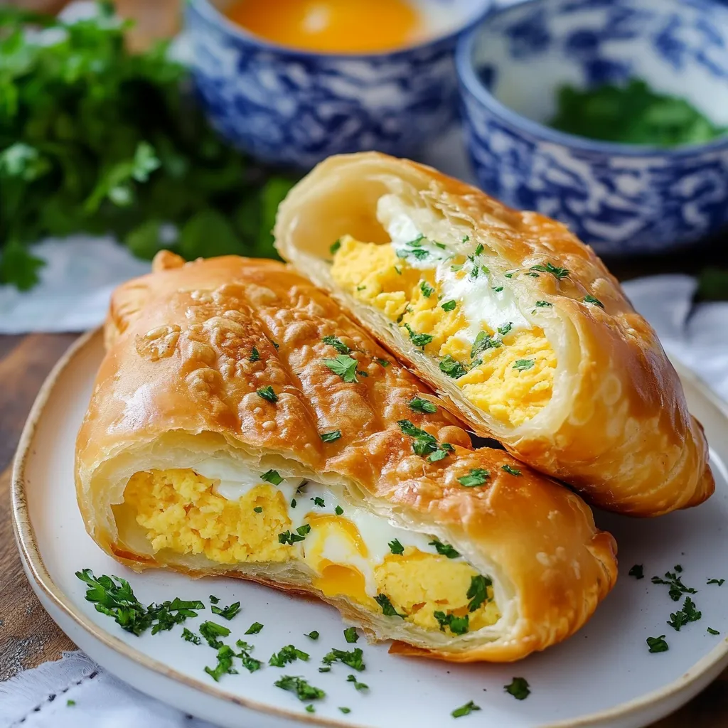 Two egg and cheese filled pastries on a plate.