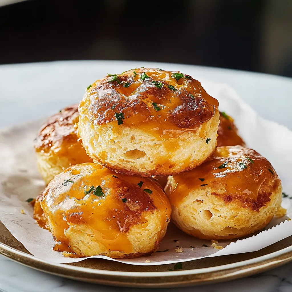 Three cheese biscuits on a plate.