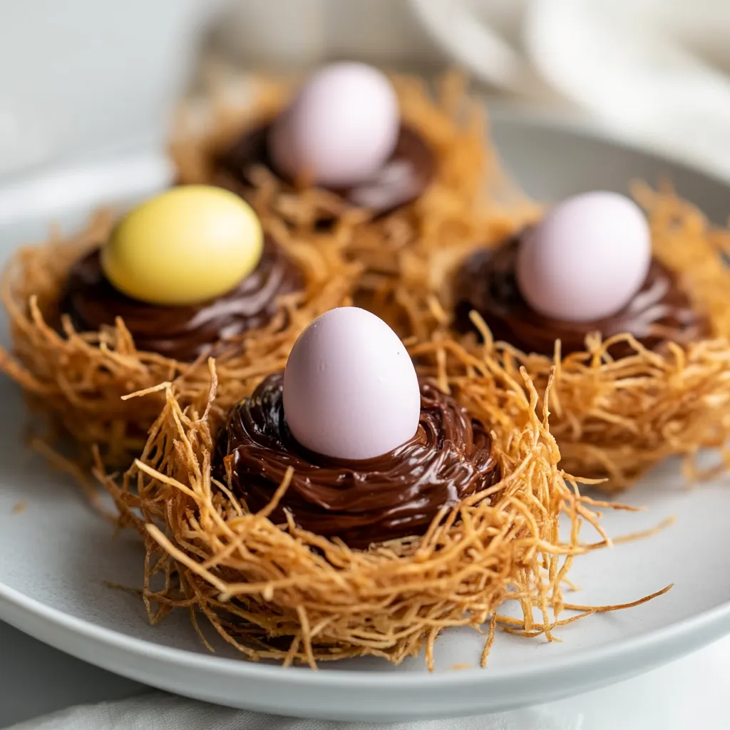 A plate of chocolate cupcakes with eggs on top.