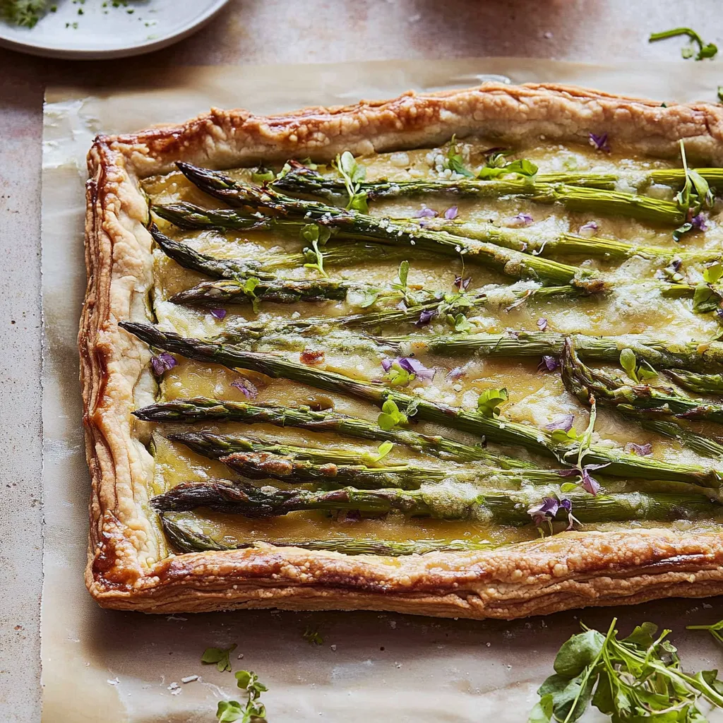 A vegetable quiche with asparagus and green onions.