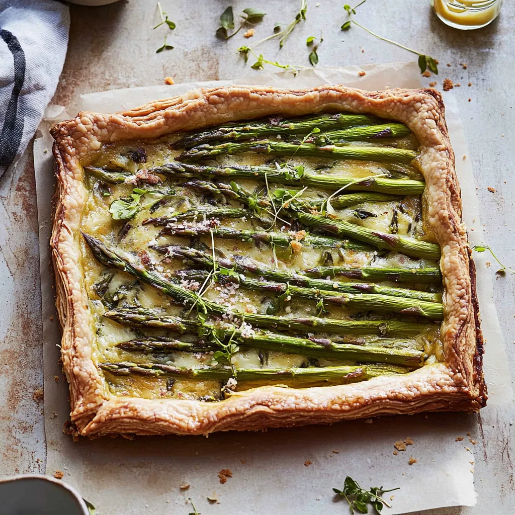 A vegetable quiche with asparagus and cheese.