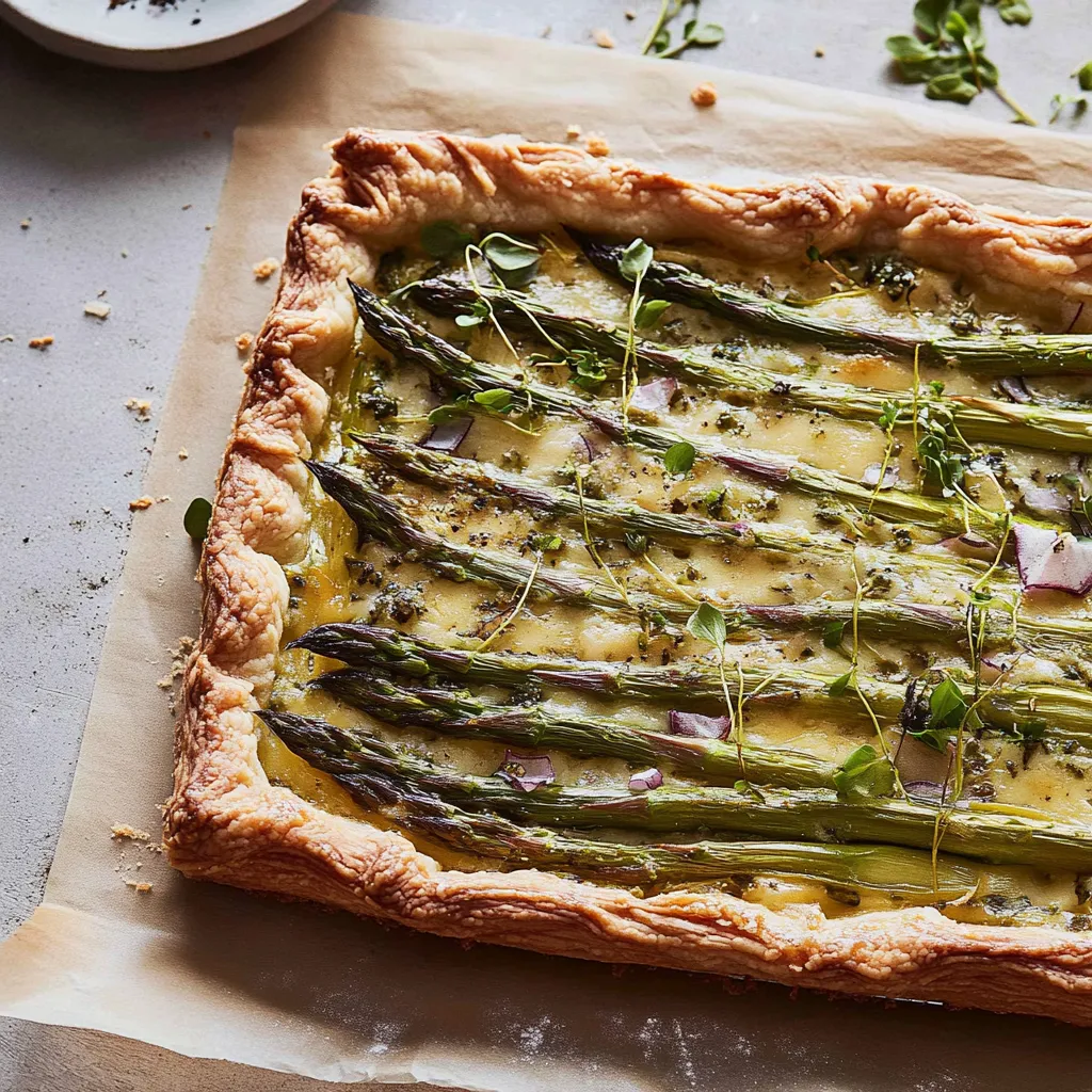 A pie with asparagus and cheese.