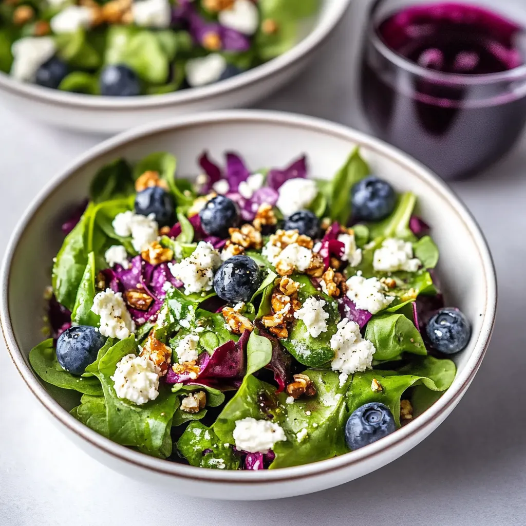 A bowl of salad with blueberries and walnuts.