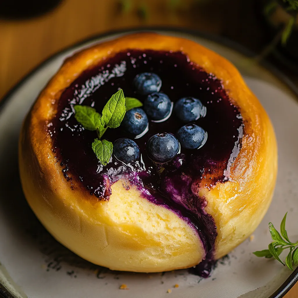 A blueberry dessert with a mint garnish.
