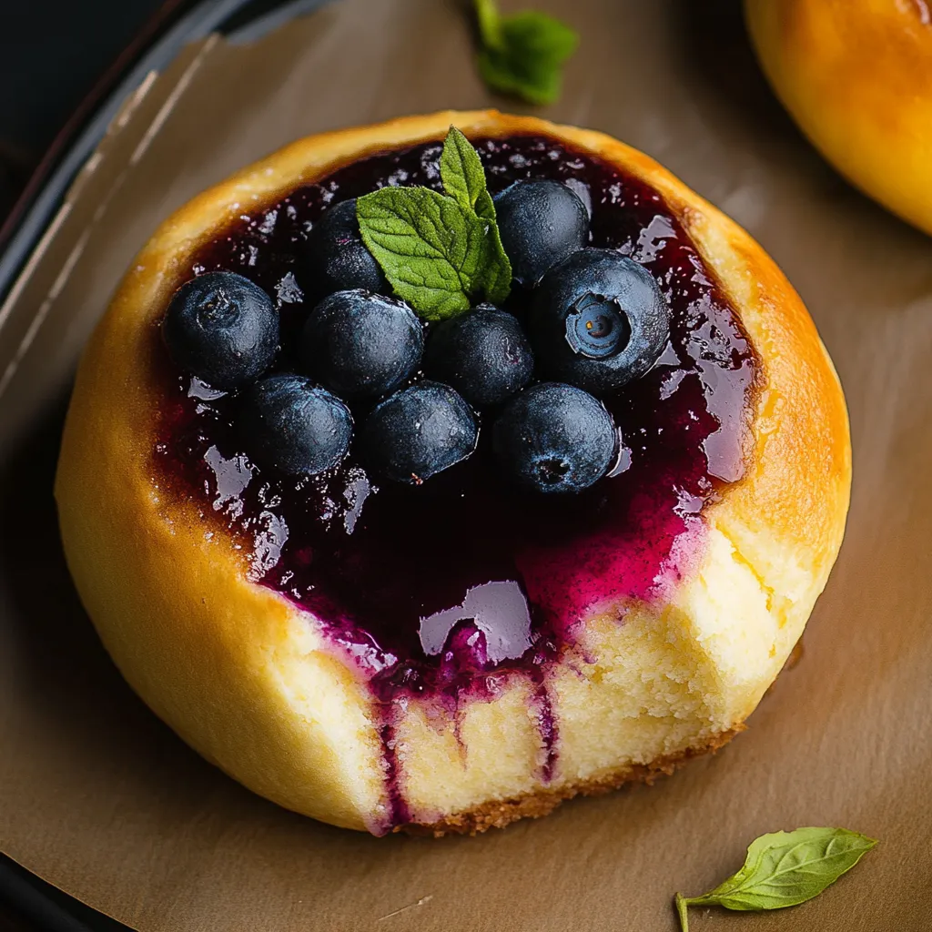 A blueberry cheesecake with a blueberry on top.