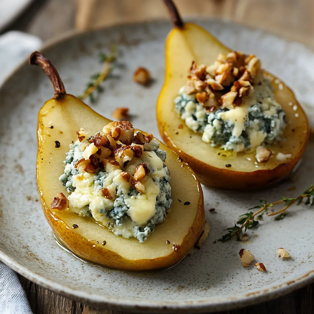 Two pears with blue cheese and nuts on top.