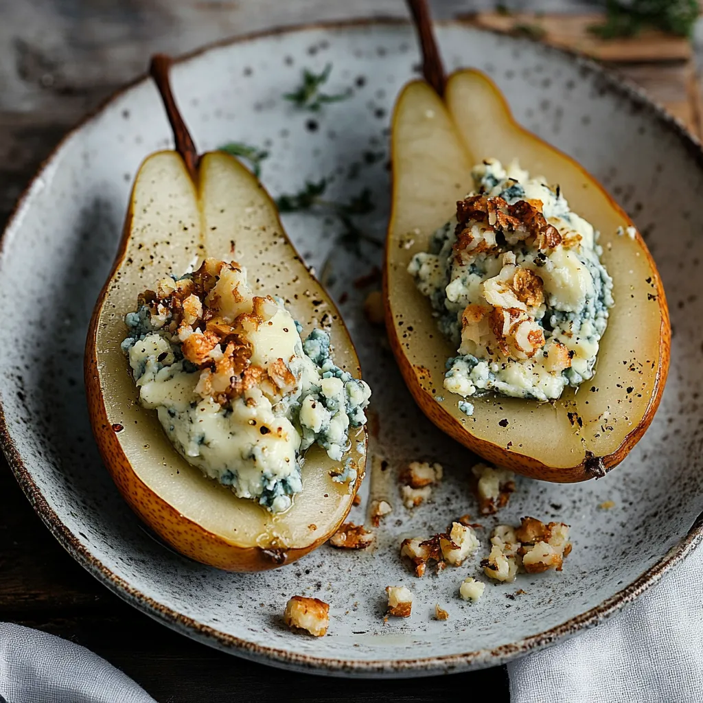 Two slices of pear with blue cheese on top.