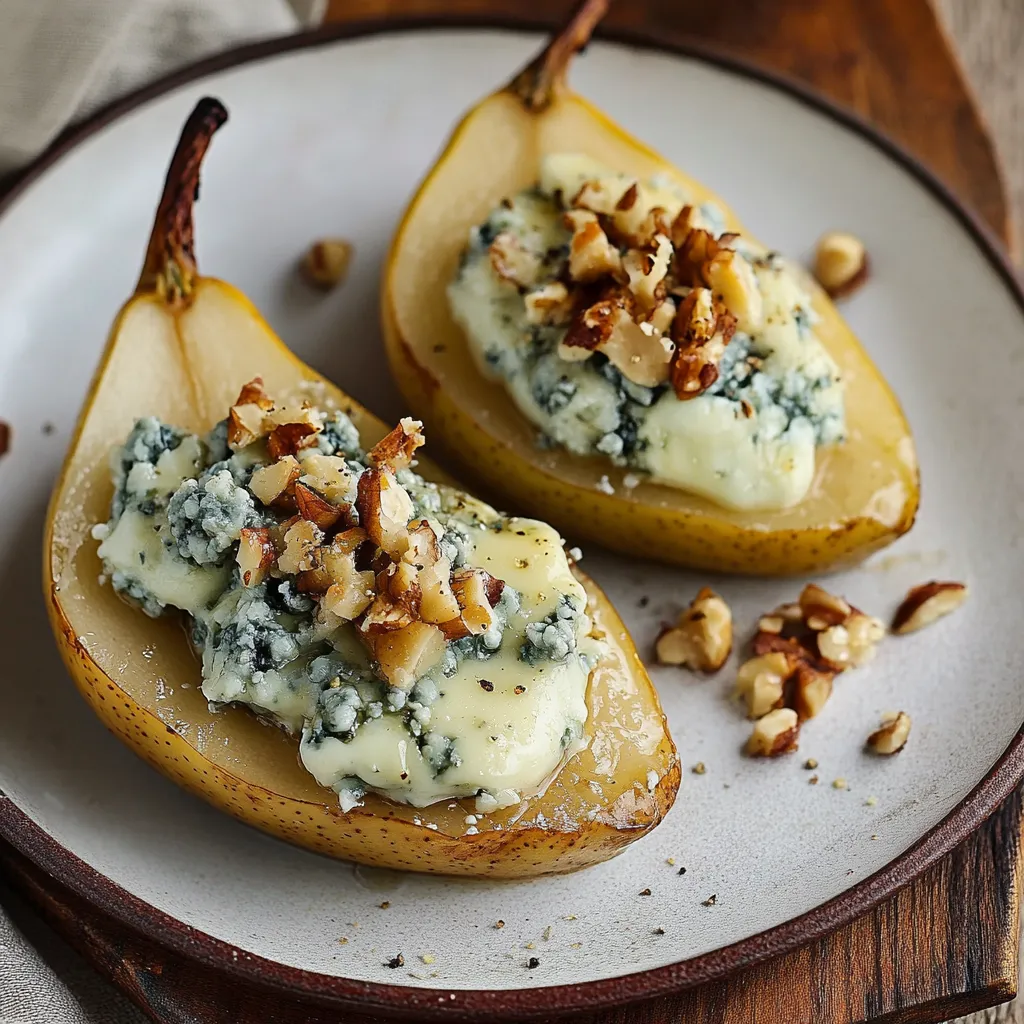 Two slices of pear with blue cheese and walnuts.