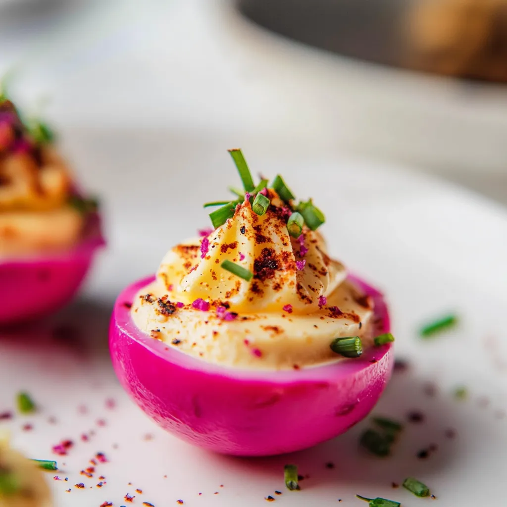 Two bright pink eggs with green garnish.