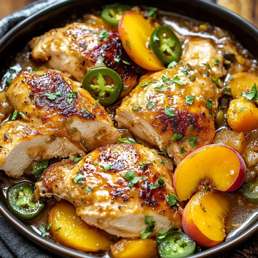 Chicken with jalapeños and peaches in a bowl.