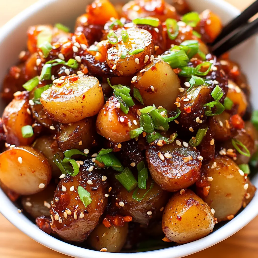 A bowl of potatoes draped in soy glaze, garnished with green onions.