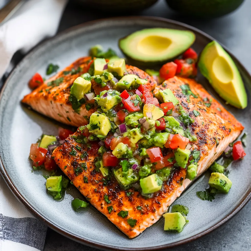 A delicious salmon dinner topped with avocado salsa.