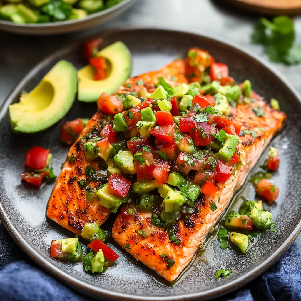 Fish topped with fresh avocado, tomatoes and lime on a white plate.