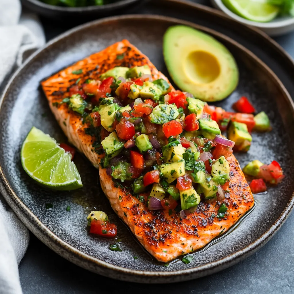 Salmon topped with fresh chunks of avocado and diced tomatoes.