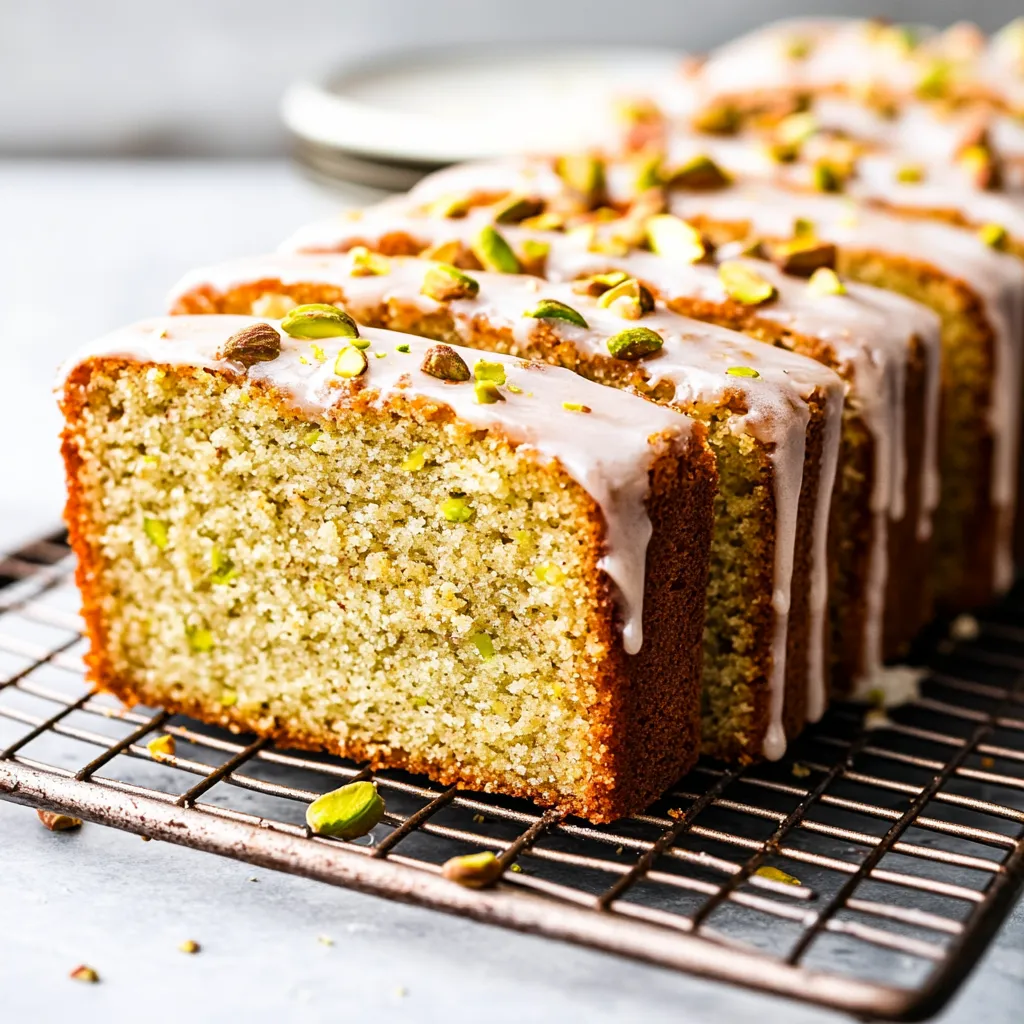Golden loaf cake topped with pistachios.