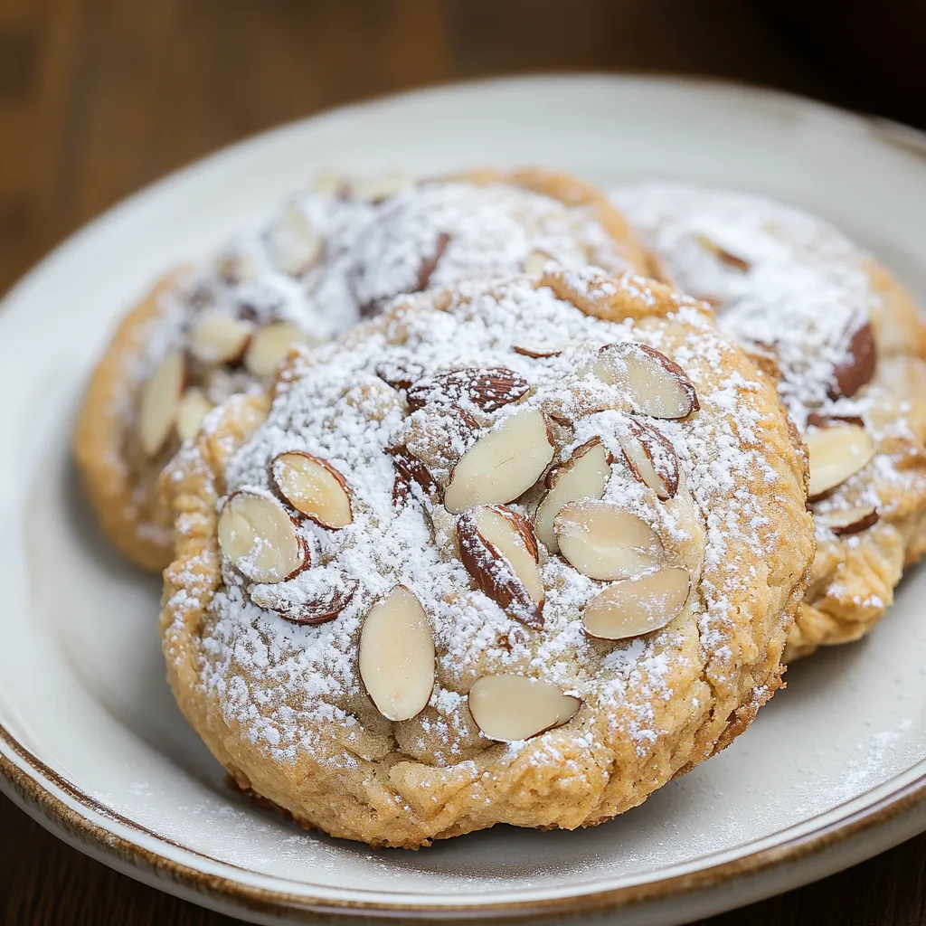 A plate of cookies with almonds and powdered sugar.